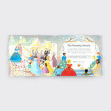Opening pages of The Story Orchestra: The Sleeping Beauty, showing a royal celebration, story text, and a press-to-play music button on a light gray background.