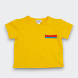 Little Moony sunny yellow colorblock pocket tee for baby and toddler flat lay view showing red and sky blue patch pocket