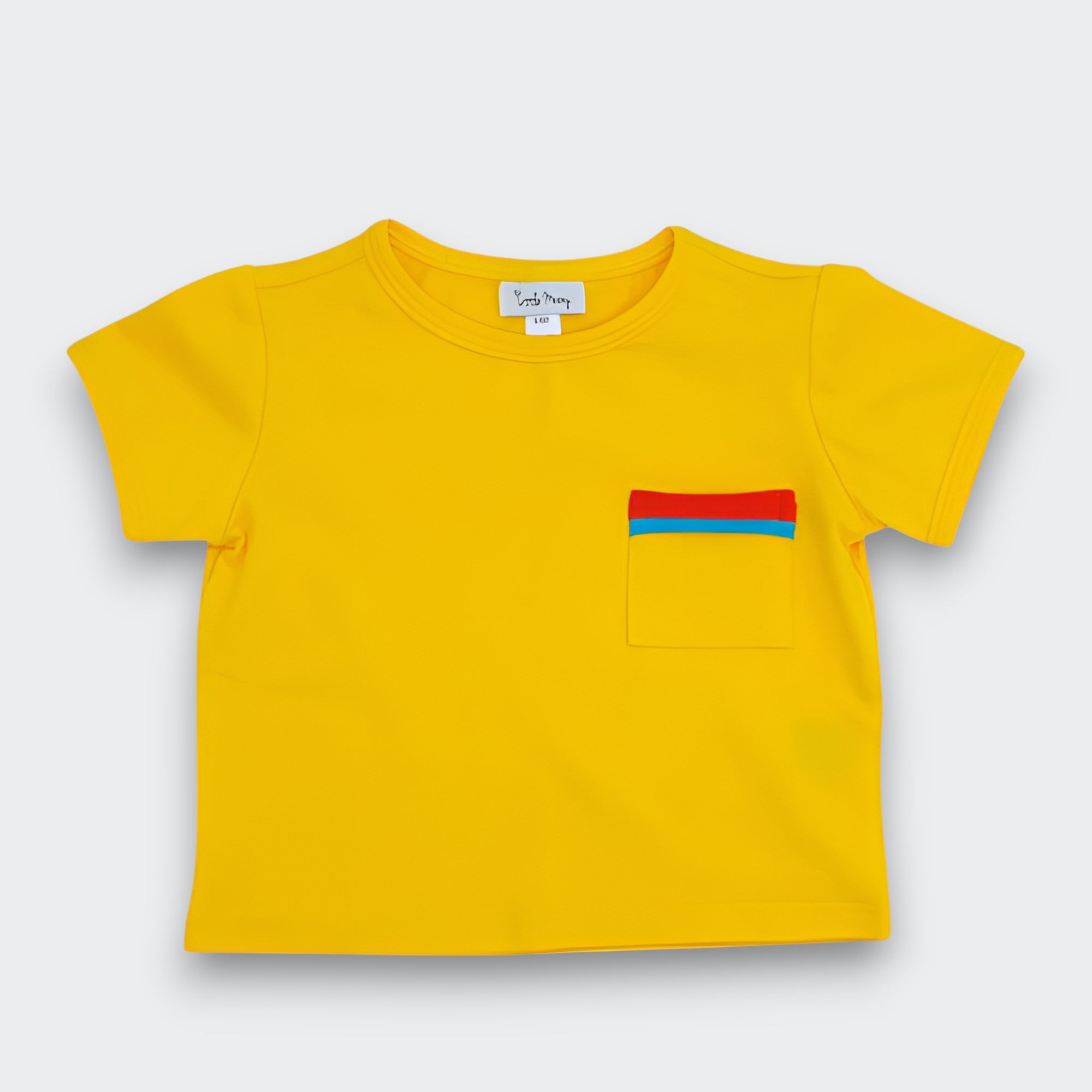 Little Moony sunny yellow colorblock pocket tee for baby and toddler flat lay view showing red and sky blue patch pocket