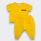 Little Moony sunny yellow colorblock pocket tee styled with matching cotton pants for baby and toddler