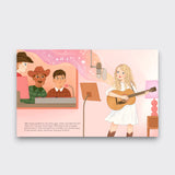 Page spread from the Taylor Swift book showing her recording a song in a studio