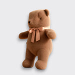 Little Moony Medium Teddy Bear Plush in Soft Brown with a delicate ribbon bow for babies and children side view.