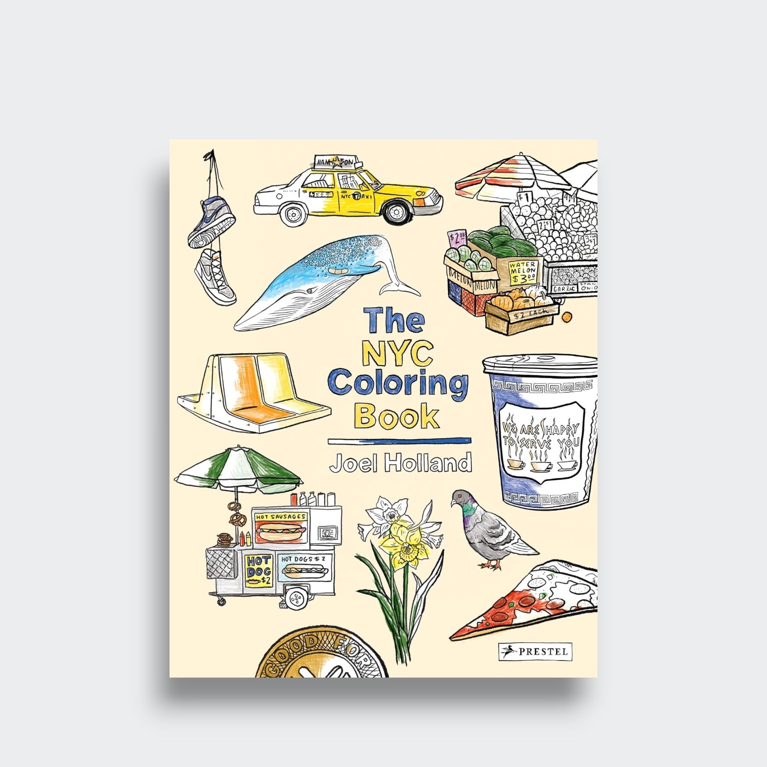 The NYC Coloring Book by Joel Holland, with colorful taxi, pizza, pigeon, and street cart illustrations on the cover against a light gray background.