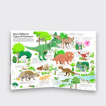More Different Types of Dinosaurs page spread from The Ultimate Book of Dinosaurs and Other Prehistoric Creatures, featuring colorful T. rex, Triceratops, and other dinosaur illustrations on a light gray background.
