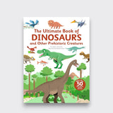 he Ultimate Book of Dinosaurs and Other Prehistoric Creatures children’s book cover, illustrated with a green T. rex, a long-necked dinosaur, and other prehistoric animals on a light gray background