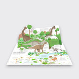 ime of the Giants pop-up page from The Ultimate Book of Dinosaurs and Other Prehistoric Creatures, showing long-necked dinosaurs among green trees on a light gray background.