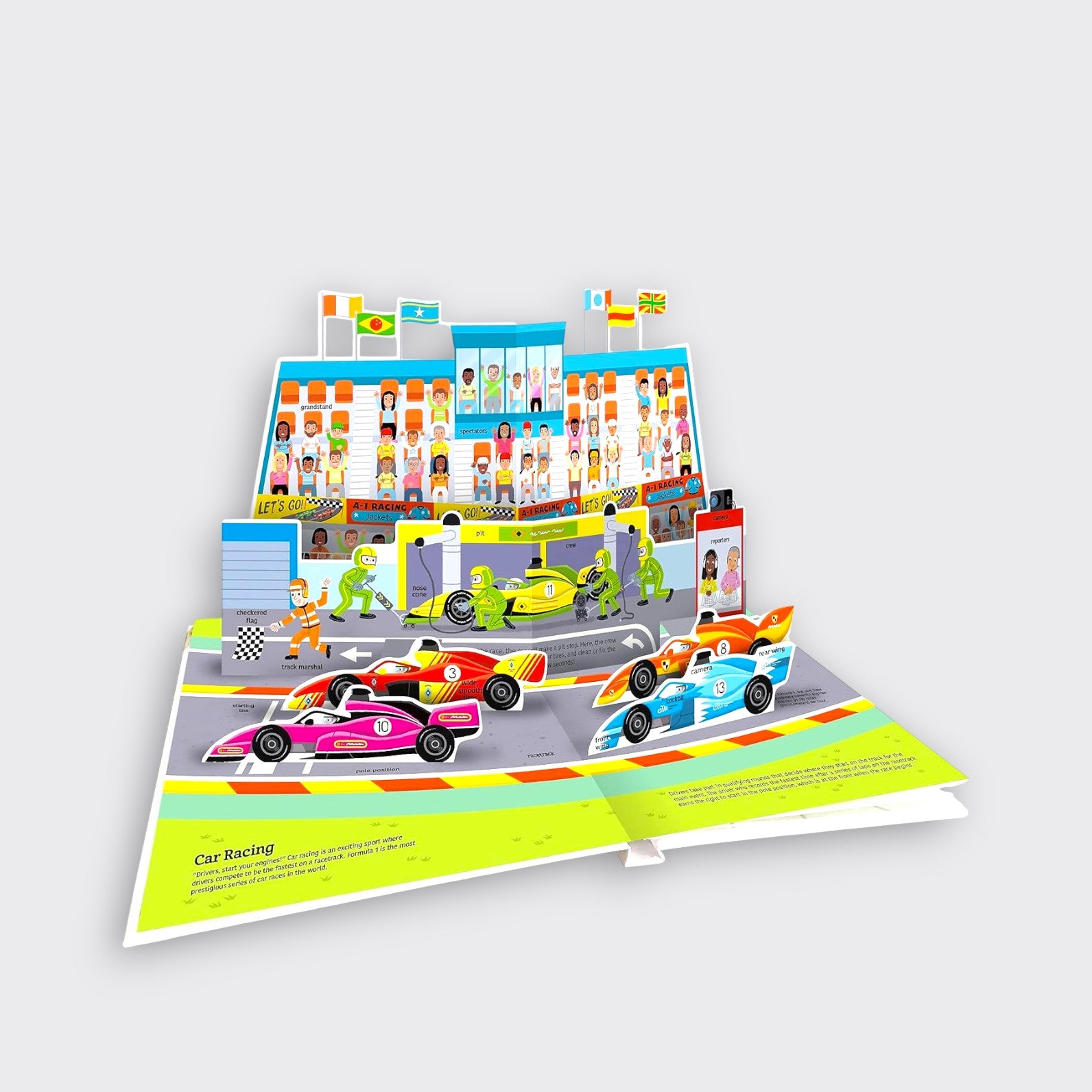Car racing pop-up page from the Ultimate Spotlight Cars children’s book, featuring colorful race cars, pit crews, and grandstands on a light gray background.