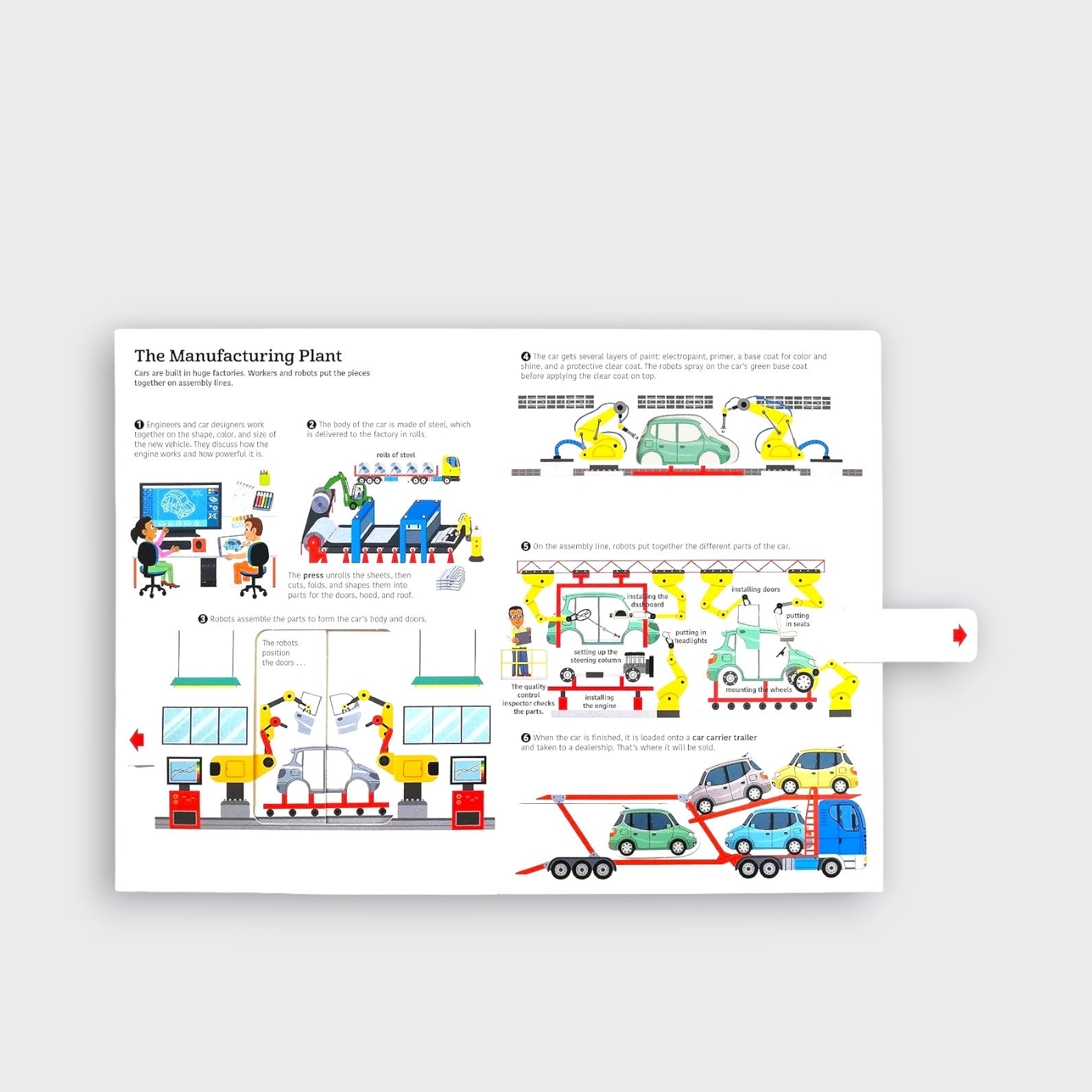 Manufacturing Plant sample spread from the Ultimate Spotlight Cars children’s book, showing colorful car assembly illustrations and an interactive pull tab on a light gray background.