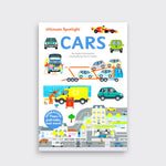 Ultimate Spotlight Cars interactive children’s book cover on a light gray background, featuring colorful cars, a car transporter, and a city scene.