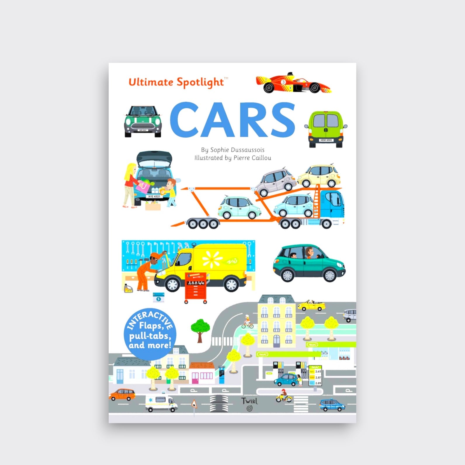 Ultimate Spotlight Cars interactive children’s book cover on a light gray background, featuring colorful cars, a car transporter, and a city scene.