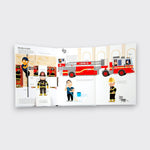 Ready to Roll page spread from the Ultimate Spotlight Firefighters children’s book, showing a red ladder truck, firefighters, and interactive flaps on a light gray background.