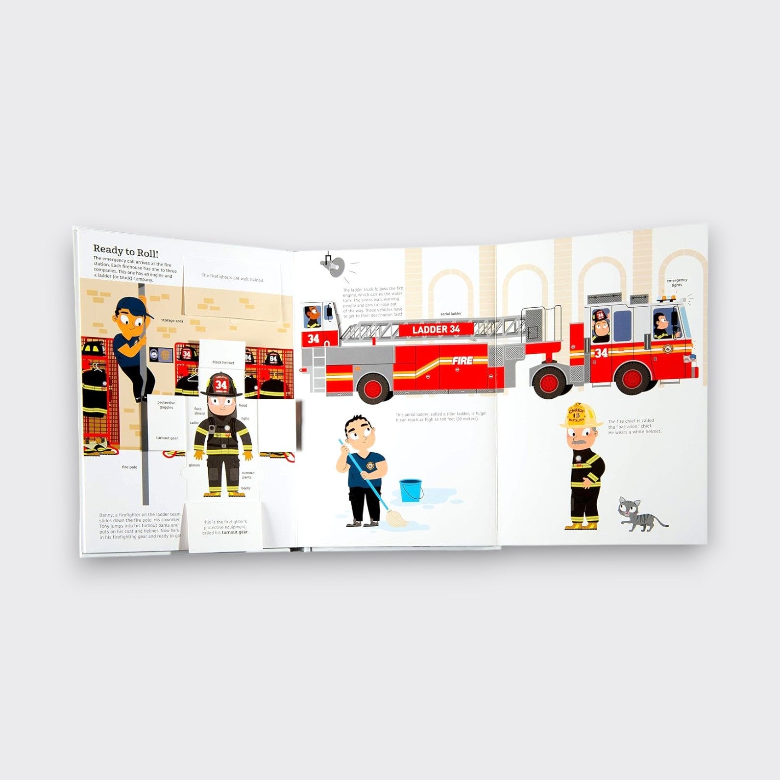 Ready to Roll page spread from the Ultimate Spotlight Firefighters children’s book, showing a red ladder truck, firefighters, and interactive flaps on a light gray background.