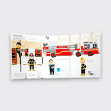 Ready to Roll page spread from the Ultimate Spotlight Firefighters children’s book, showing a red ladder truck, firefighters, and interactive flaps on a light gray background.