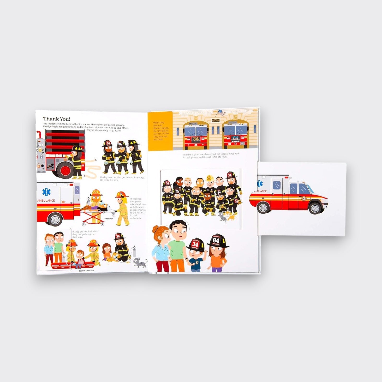 Thank You page from the Ultimate Spotlight Firefighters children’s book, showing firefighters, an ambulance, families, and an extended pull tab on a light gray background.
