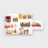 Thank You page from the Ultimate Spotlight Firefighters children’s book, showing firefighters, an ambulance, families, and an extended pull tab on a light gray background.