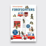 Ultimate Spotlight Firefighters interactive children’s book cover, featuring red fire trucks, a ladder, and illustrated firefighters on a light gray background.