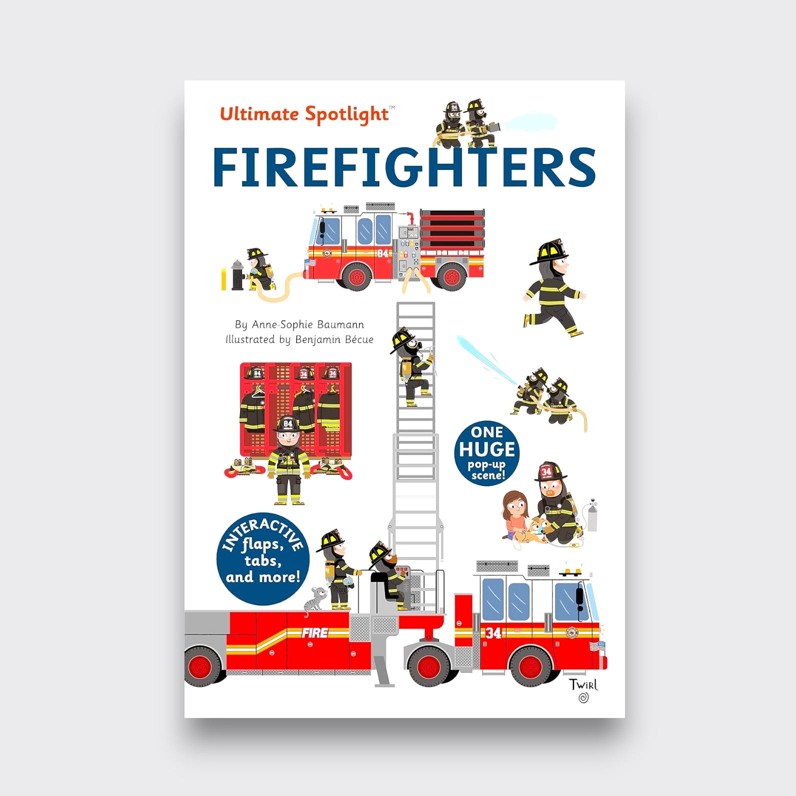 Ultimate Spotlight Firefighters interactive children’s book cover, featuring red fire trucks, a ladder, and illustrated firefighters on a light gray background.