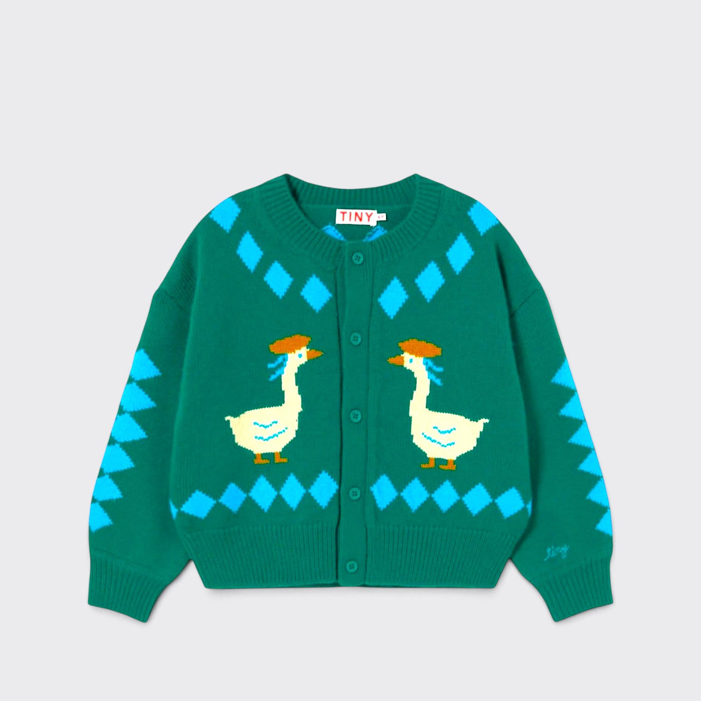 Little Moony Vanilla Geese Cardigan in green with playful geese motif and button-up front for toddlers