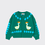Little Moony Vanilla Geese Cardigan in green with playful geese motif and button-up front for toddlers