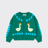 Little Moony Vanilla Geese Cardigan in green with playful geese motif and button-up front for toddlers