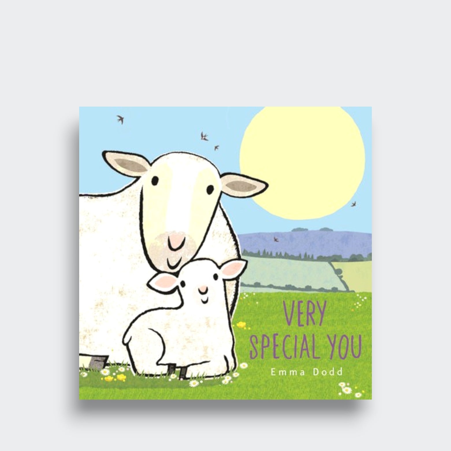 Very Special You by Emma Dodd, featuring a sheep and lamb in a sunny green meadow on the cover against a light gray background.