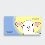 Page spread from Very Special You, featuring a smiling lamb’s face against a yellow and blue illustration, on a light gray background.