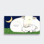 Bedtime spread from Very Special You, showing a sheep cuddling a sleeping lamb beneath a crescent moon and stars, on a light gray background.