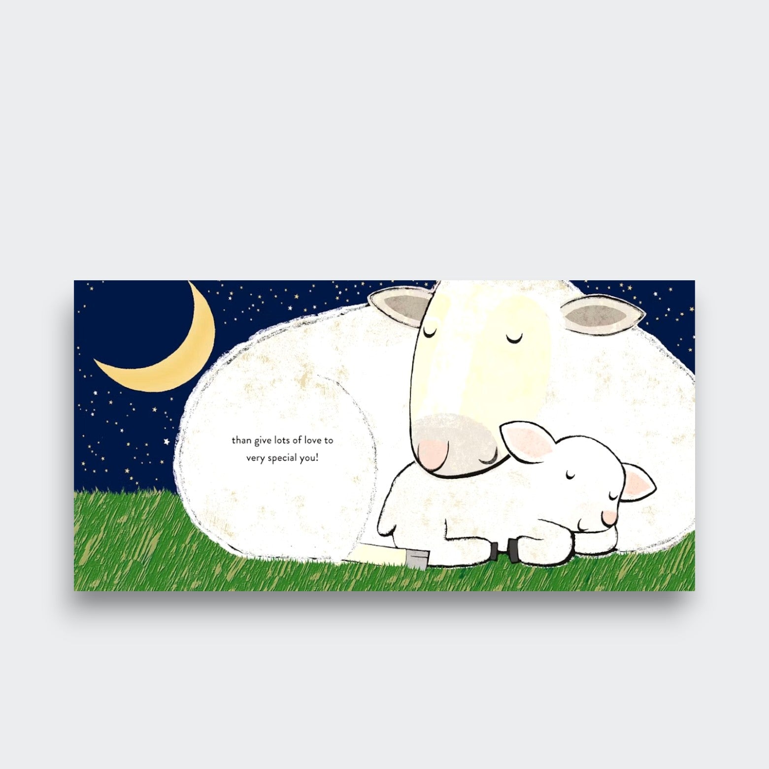 Bedtime spread from Very Special You, showing a sheep cuddling a sleeping lamb beneath a crescent moon and stars, on a light gray background.
