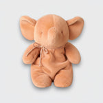 Straight-on view of a vintage rose elephant plush toy with a raised trunk, wide ears, and a matching neck bow on a light gray background.