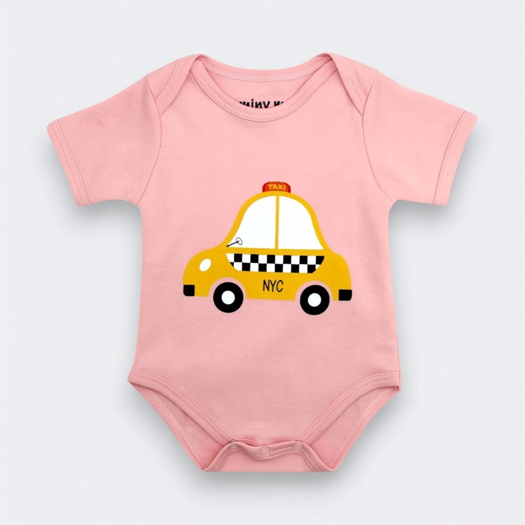 Pink organic Pima cotton baby bodysuit with yellow NYC taxi illustration — New York baby gift by Little Moony