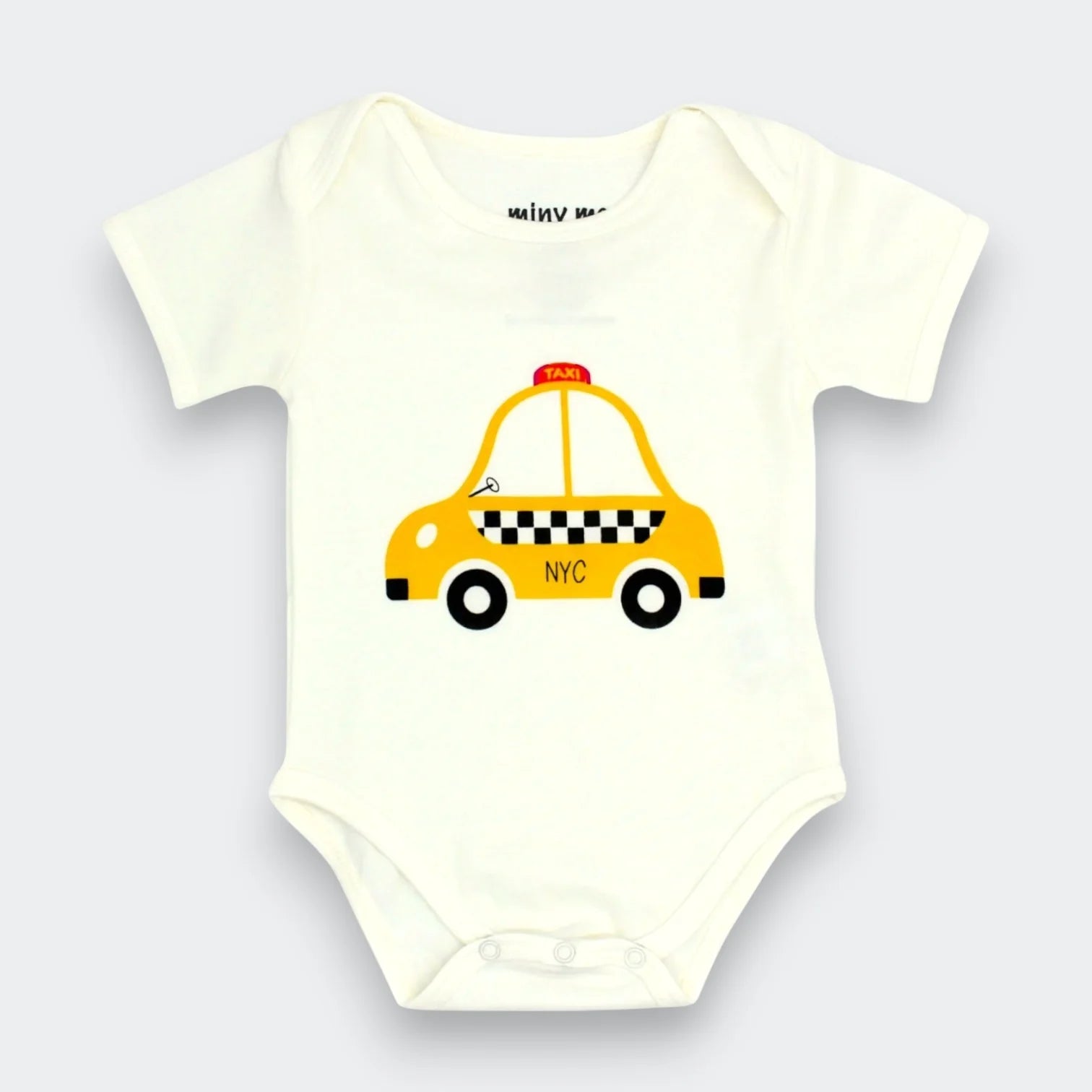 Little Moony Organic cotton baby onesie featuring a yellow New York taxi illustration