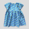 Blue Bug Dress with Tulip Sleeves and Bow for Babies and Kids. Front view.
