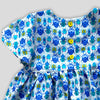 Blue Bug Dress with Tulip Sleeves and Bow for Babies and Kids. Detail view of yellow buttons on the back side.