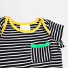 Organic Cotton Knit Black and White Stripe Bodysuit. Detail view of front pocket.