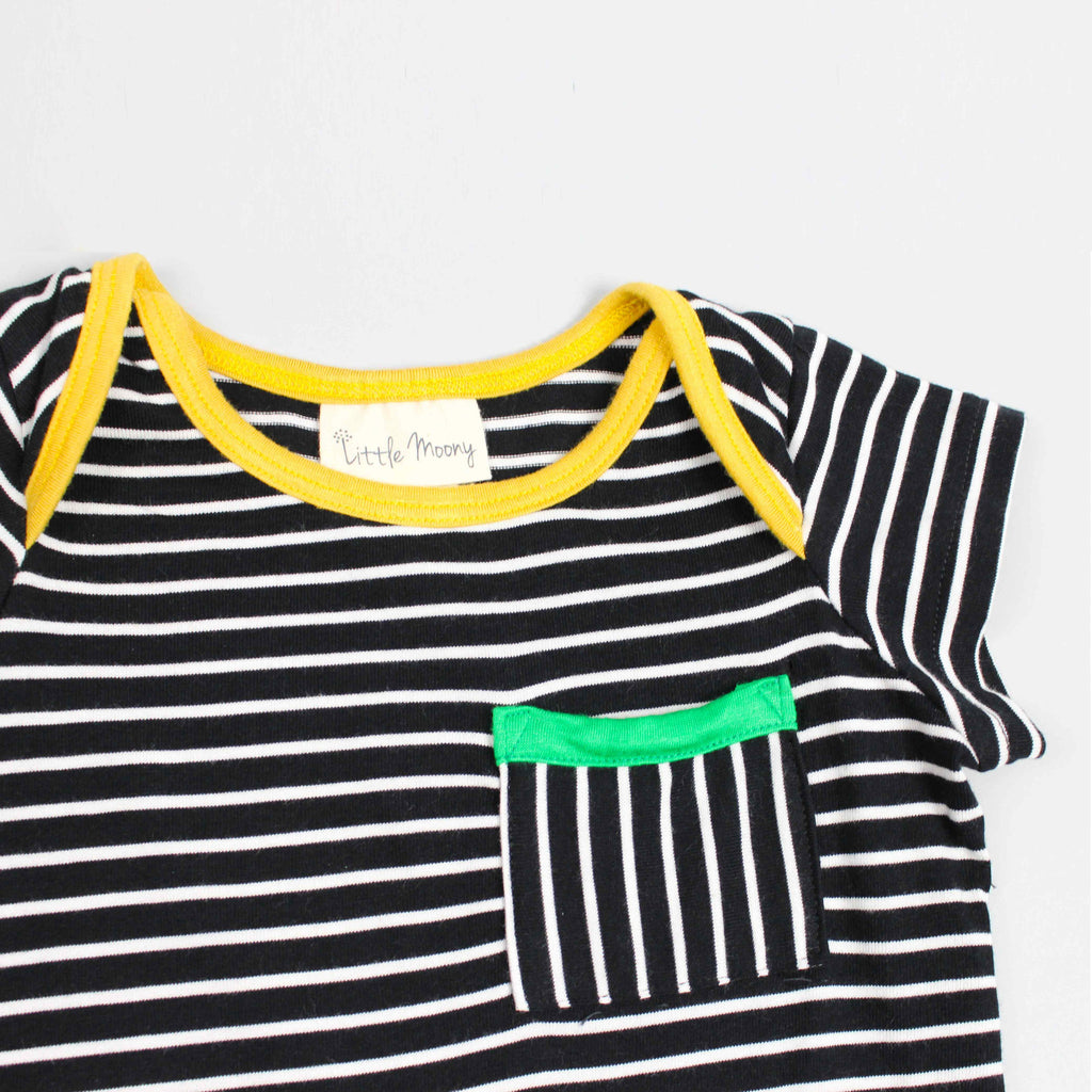 Organic Cotton Knit Black and White Stripe Bodysuit. Detail view of front pocket.