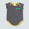 Organic Cotton Knit Black and White Stripe Bodysuit. Front view.