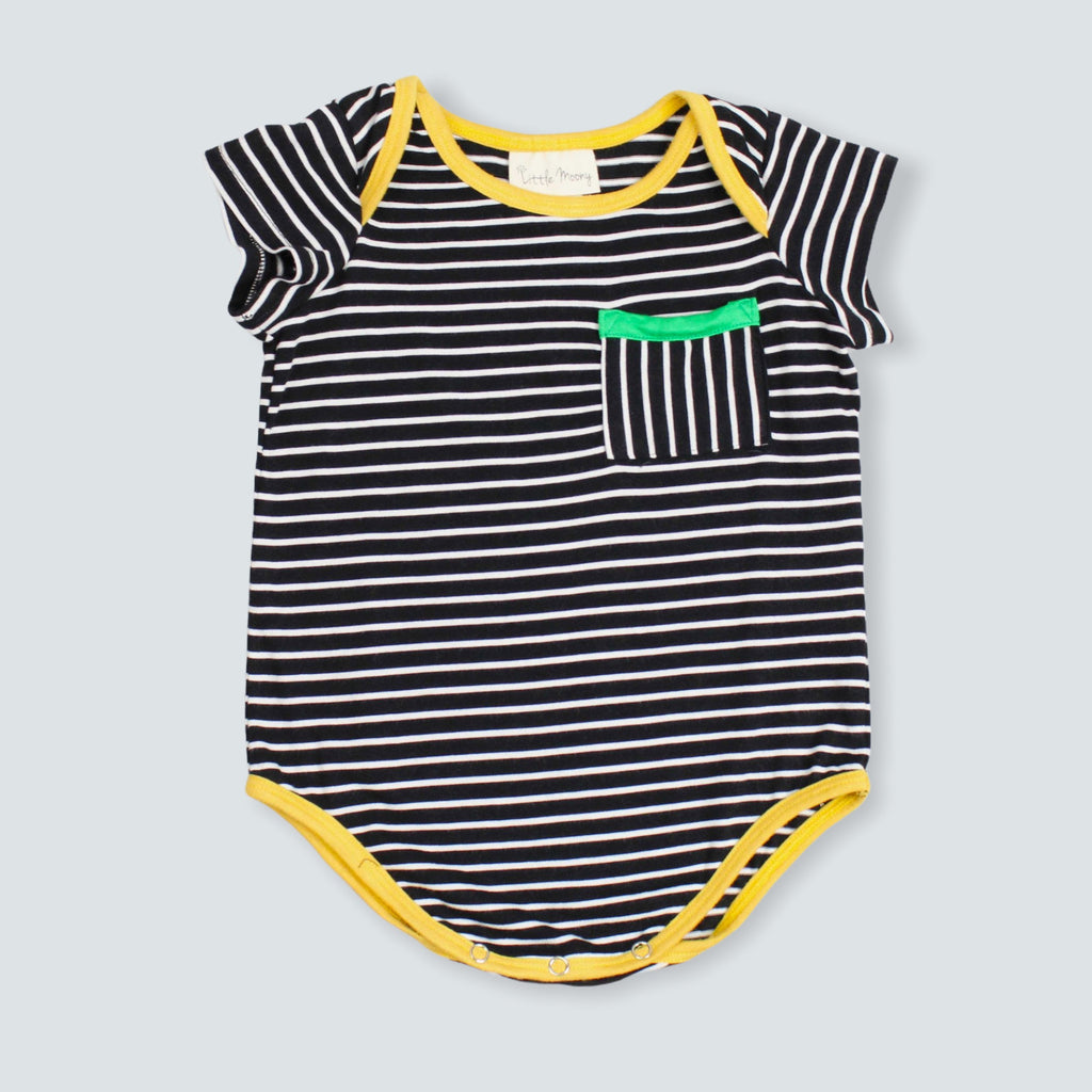 Organic Cotton Knit Black and White Stripe Bodysuit. Front view.
