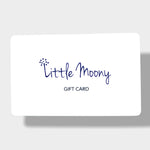 Front view of Little Moony gift card featuring the blue Little Moony logo and the words 'Gift Card'
