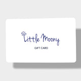 Front view of Little Moony gift card featuring the blue Little Moony logo and the words 'Gift Card'