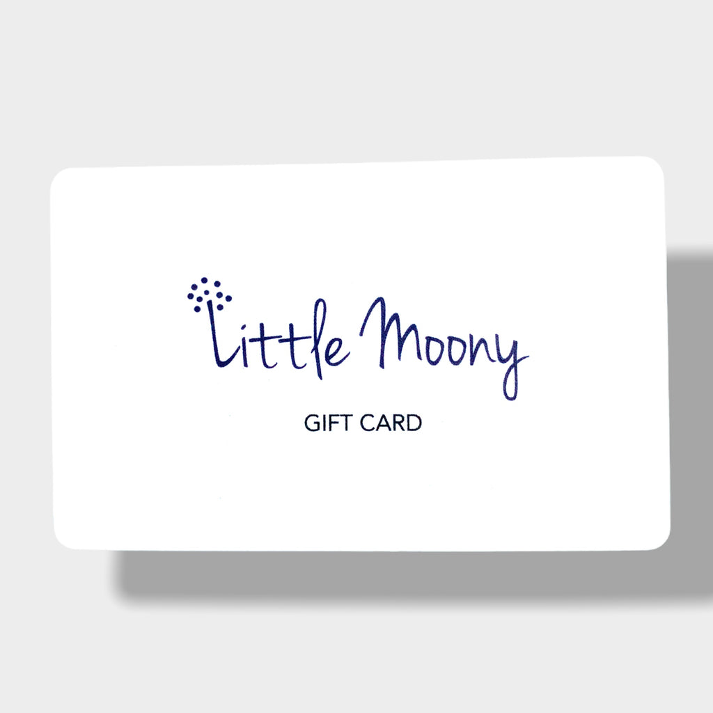 Front view of Little Moony gift card featuring the blue Little Moony logo and the words 'Gift Card'