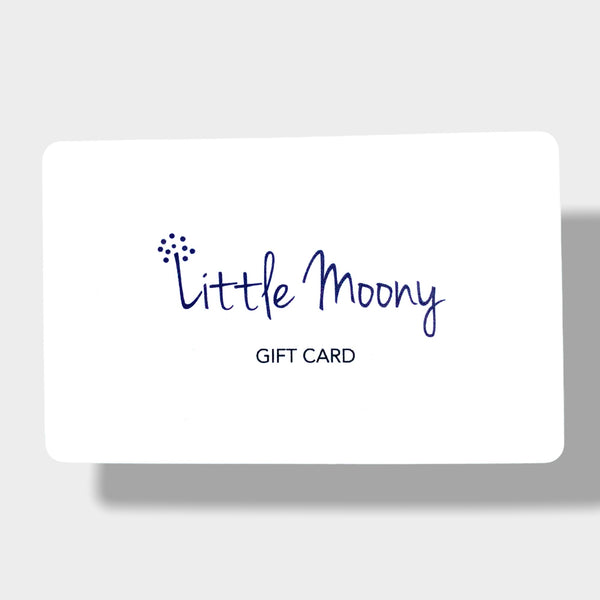 Front view of Little Moony gift card featuring the blue Little Moony logo and the words 'Gift Card'