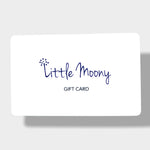 Front view of Little Moony gift card featuring the blue Little Moony logo and the words 'Gift Card'