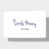 Front view of Little Moony gift card featuring the blue Little Moony logo and the words 'Gift Card'